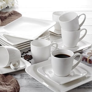  Geschirr Set Vancasso Cloris 30-teilig Porzellan Tafelservice Weiß, Eckiges Geschirrset, mit je 6 Kaffeetassen, Untertassen, Dessertteller, Essteller und Suppenteller - 7